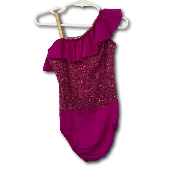 Kids One-Shoulder Dance Leotard Sequins Ruffled Neckline Pink Size Small Child - Picture 1 of 13